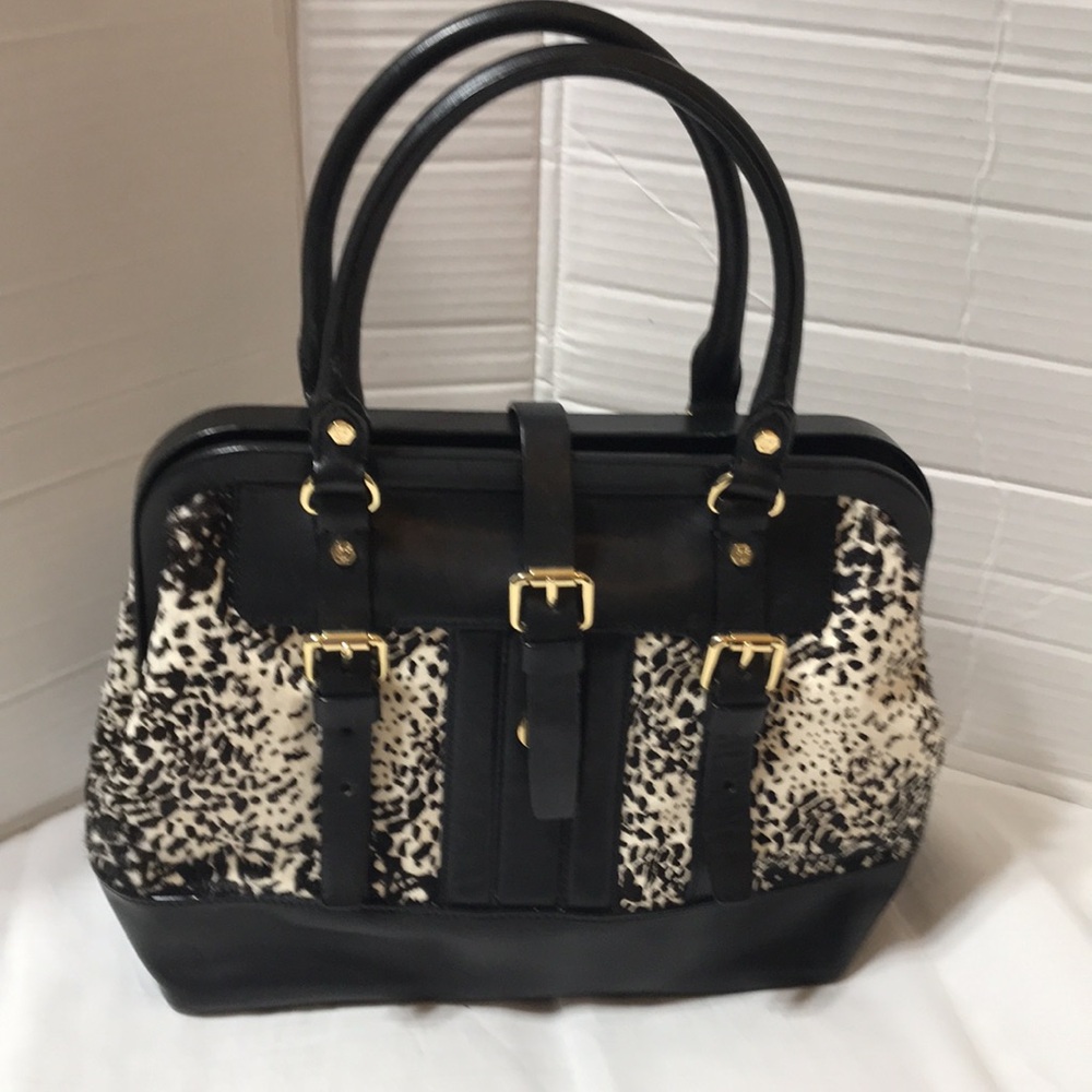 Vince Camuto VC Signature leather and leopard fur satchel with gold tone hardwar